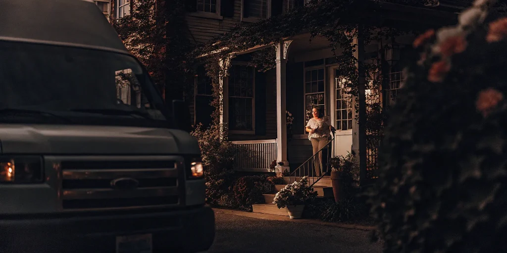 Laundry delivery van arriving at a Centre Island home.