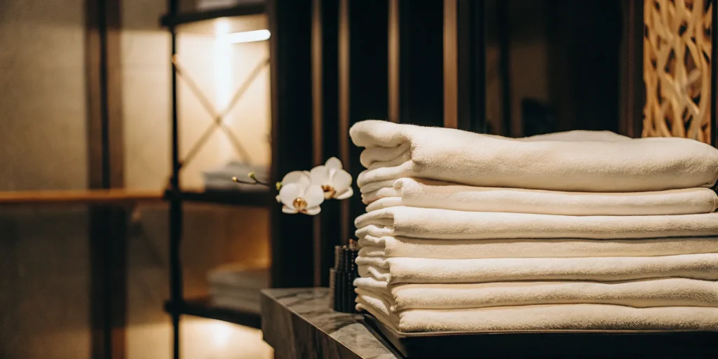 A stack of professionally cleaned healthcare linen in Carle Place.