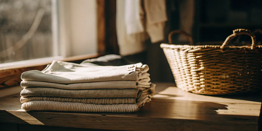 A stack of professionally folded laundry from a Bethpage laundry pickup service.