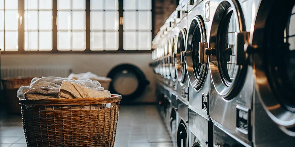 A basket of clean towels in front of machines at the best commercial laundry service in Wantagh.