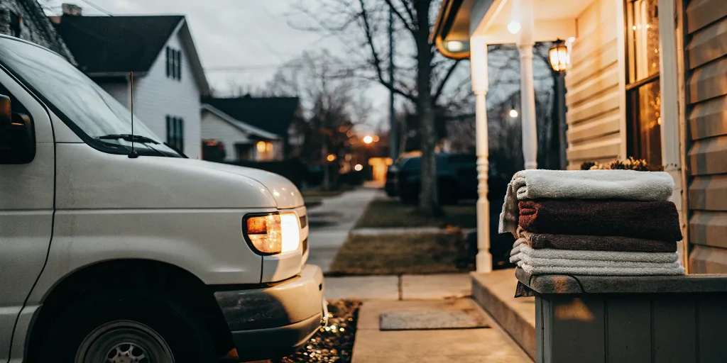 Laundry delivery van outside a Brookville home with freshly folded towels on the porch.