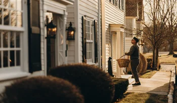 Laundry delivery driver picks up a basket of laundry from an Old Brookville home doorstep.