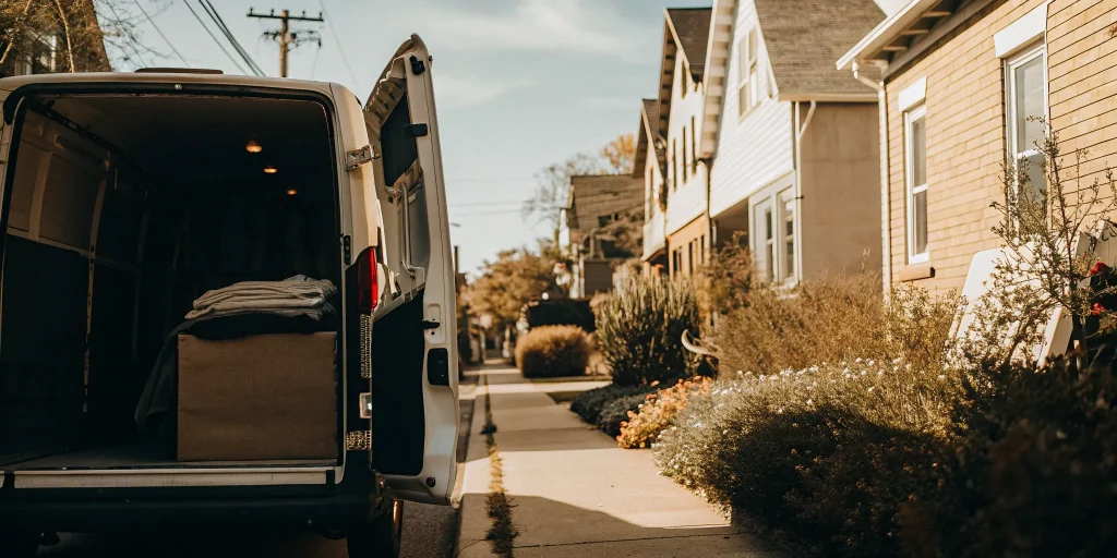 Laundry pickup van offering convenient service to homes in Carle Place.