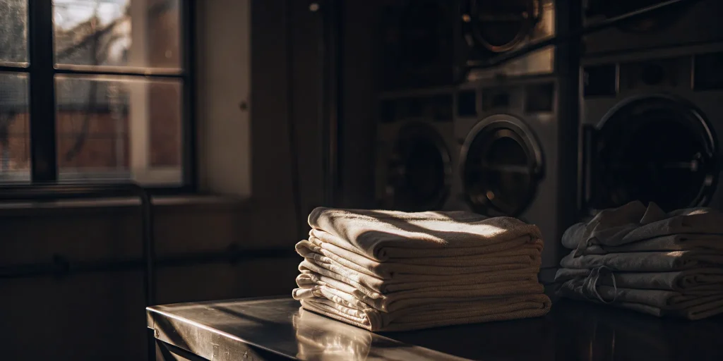 Sanitized medical laundry folded and ready for delivery at a professional laundry service in Bethpage.