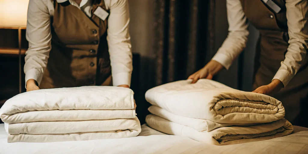 A crisp, clean comforter being folded by a professional cleaning service in Roosevelt Field.