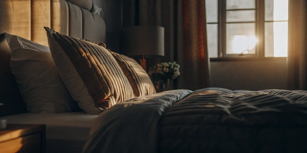 A clean, fluffy comforter on a bed after professional cleaning in Cove Neck.