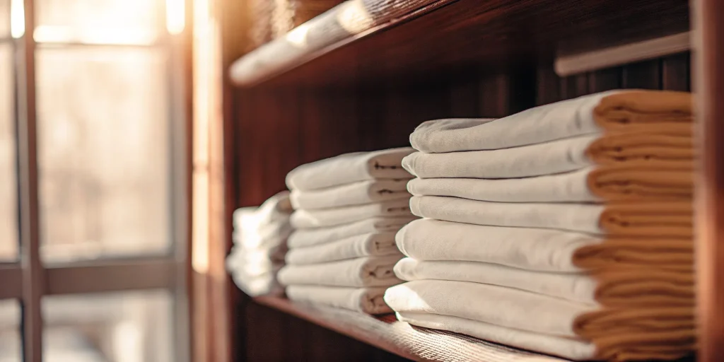 Clean healthcare linen folded on shelves at a professional Bethpage linen service.