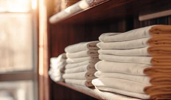 Clean healthcare linen folded on shelves at a professional Bethpage linen service.