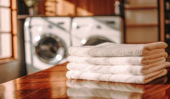 Folded white towels from a Bethpage towel laundry service with commercial machines.