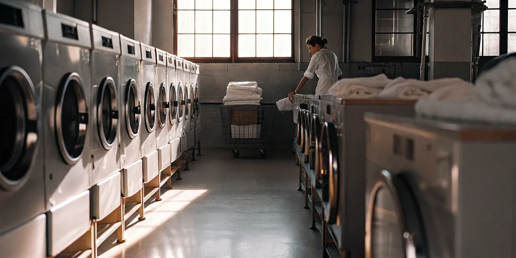 Professional medical laundry service in Garden City sanitizing hospital linens and scrubs.