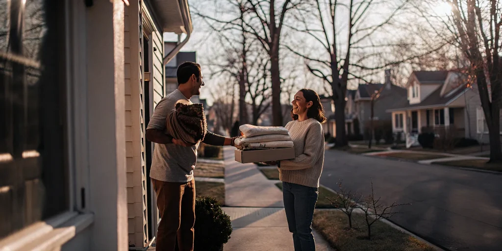A laundry delivery service professional hands clean laundry to a customer in Rockville Centre.