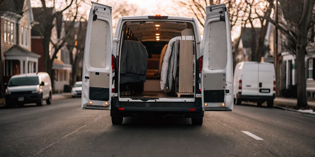 A laundry pickup service van making a stop on a residential street in Sea Cliff.