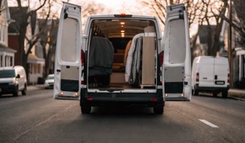 A laundry pickup service van making a stop on a residential street in Sea Cliff.
