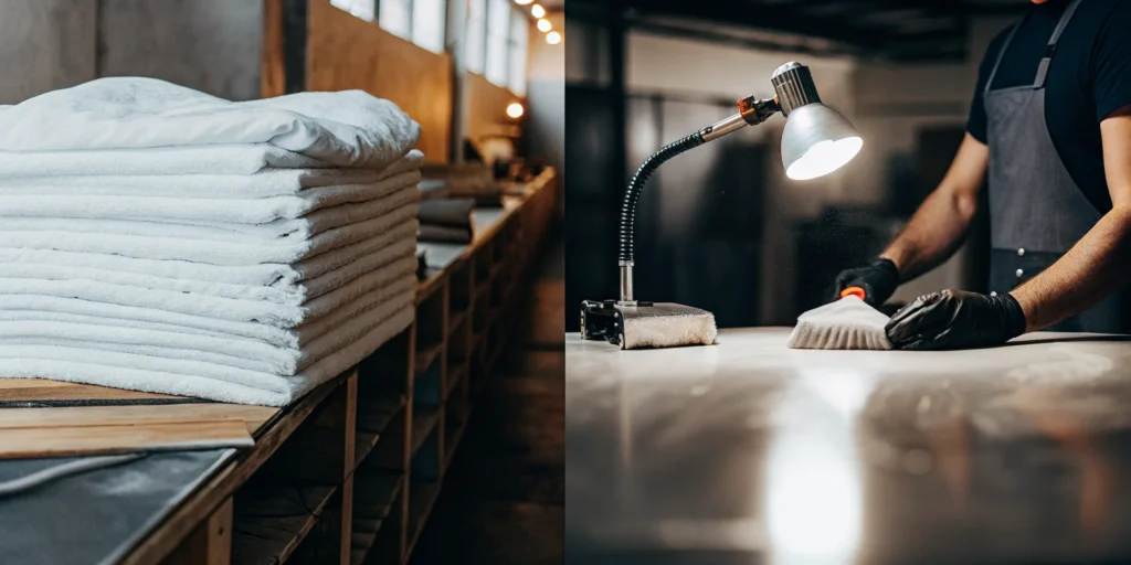 Professionally cleaned comforters stacked and ready for delivery in Locust Valley.