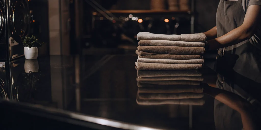 Stack of clean, folded towels from a professional towel laundry service in Commack.