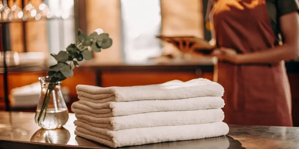 A stack of clean towels from a professional towel laundry service in Glen Cove.