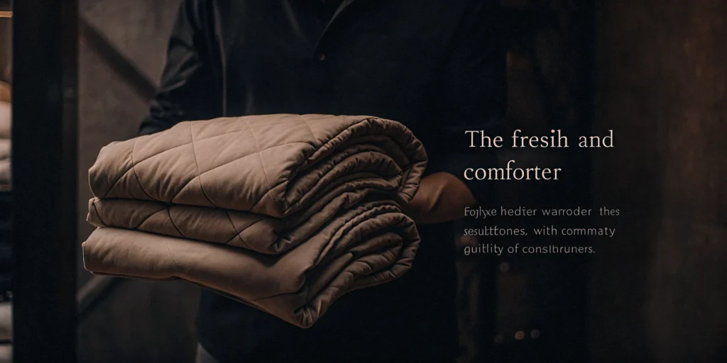 A person holding a professionally cleaned comforter, a benefit of cleaning services in Roslyn Harbor.