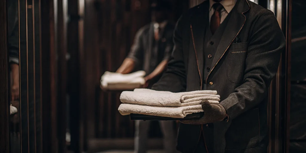 Professional comforter cleaning staff in Manhasset Hills holding a fresh, folded comforter.