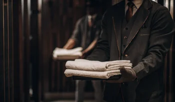 Professional comforter cleaning staff in Manhasset Hills holding a fresh, folded comforter.