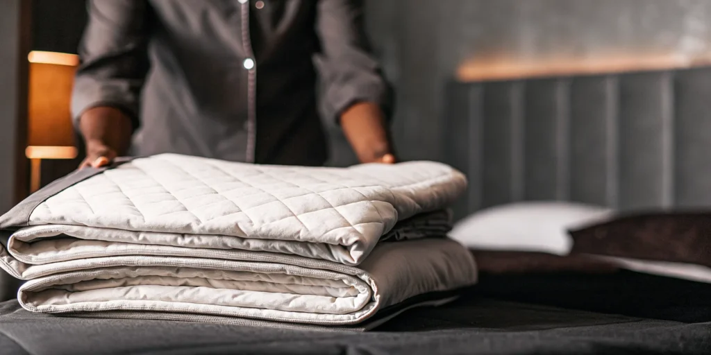 A professionally cleaned comforter being folded on a bed by a cleaning service expert in Hauppauge.