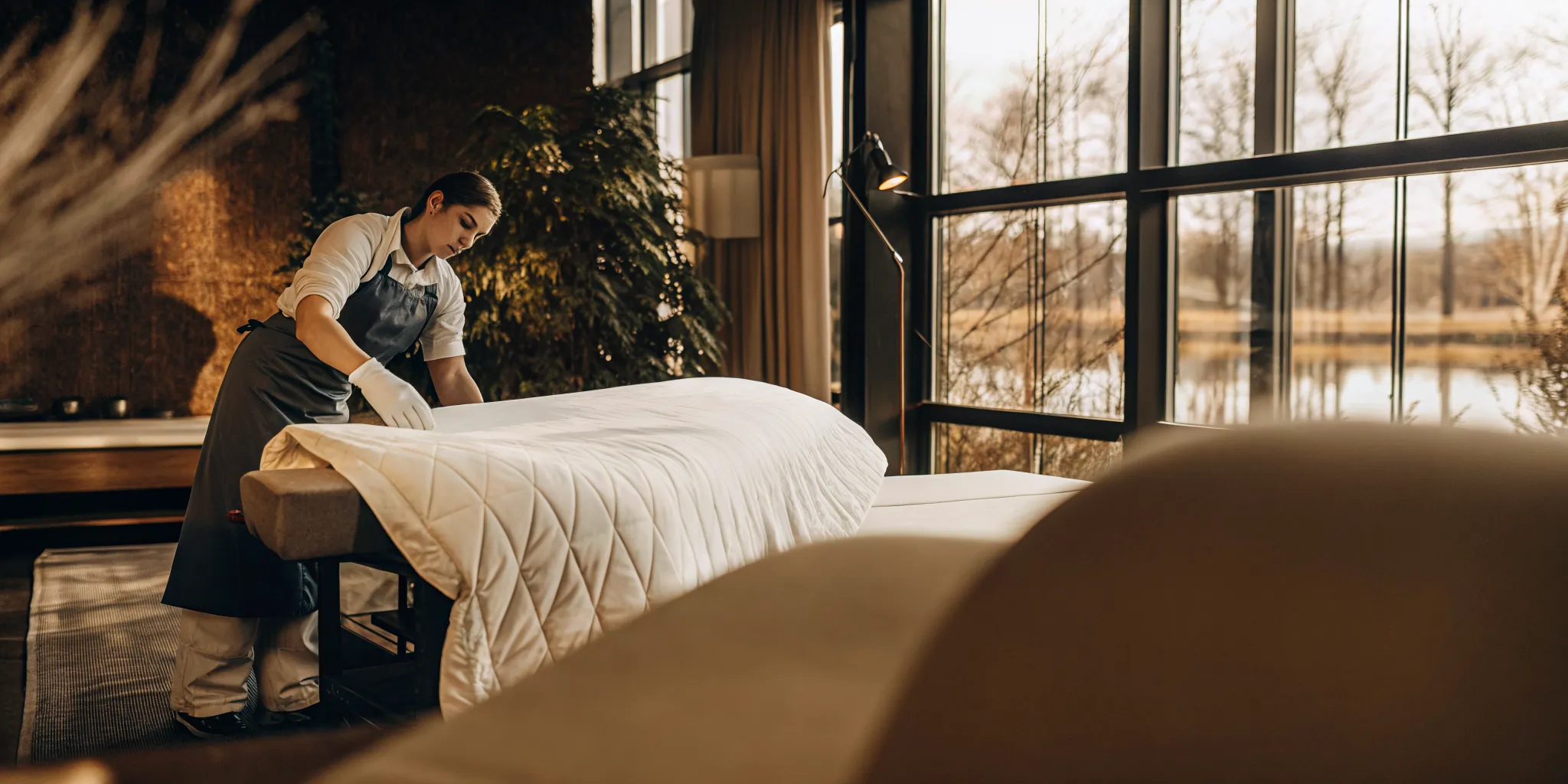 Professional preparing a comforter for deep cleaning at a Lake Success laundry service.