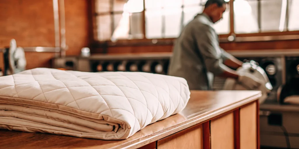 Professionally cleaned comforter neatly folded at a cleaning service in Muttontown.