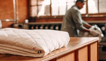 Professionally cleaned comforter neatly folded at a cleaning service in Muttontown.