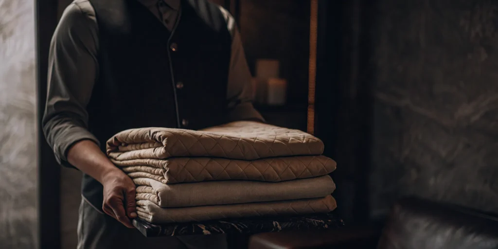 A stack of clean comforters after professional cleaning in New Hyde Park.