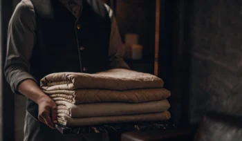 A stack of clean comforters after professional cleaning in New Hyde Park.