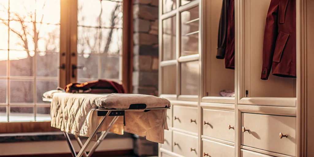 A comforter ready for professional cleaning in a bright Old Westbury laundry room.
