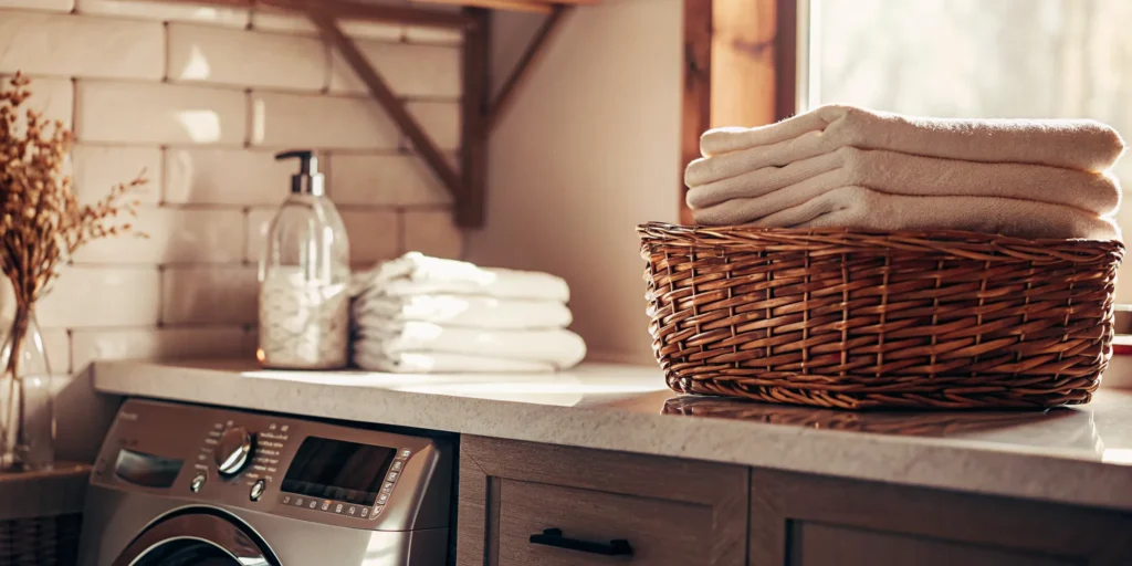 A clean, folded comforter in a basket after professional cleaning in Plandome.
