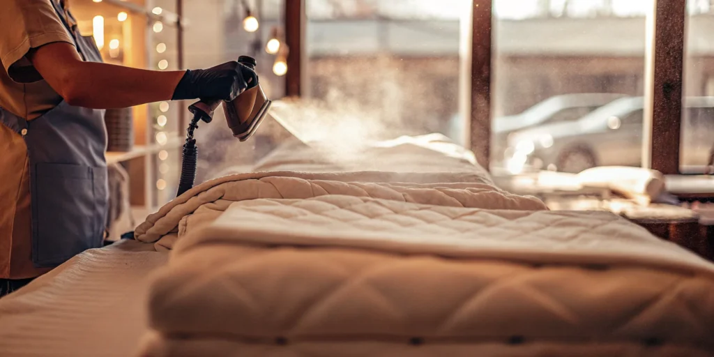 A professional in Roslyn steam cleaning an oversized comforter with specialized equipment.