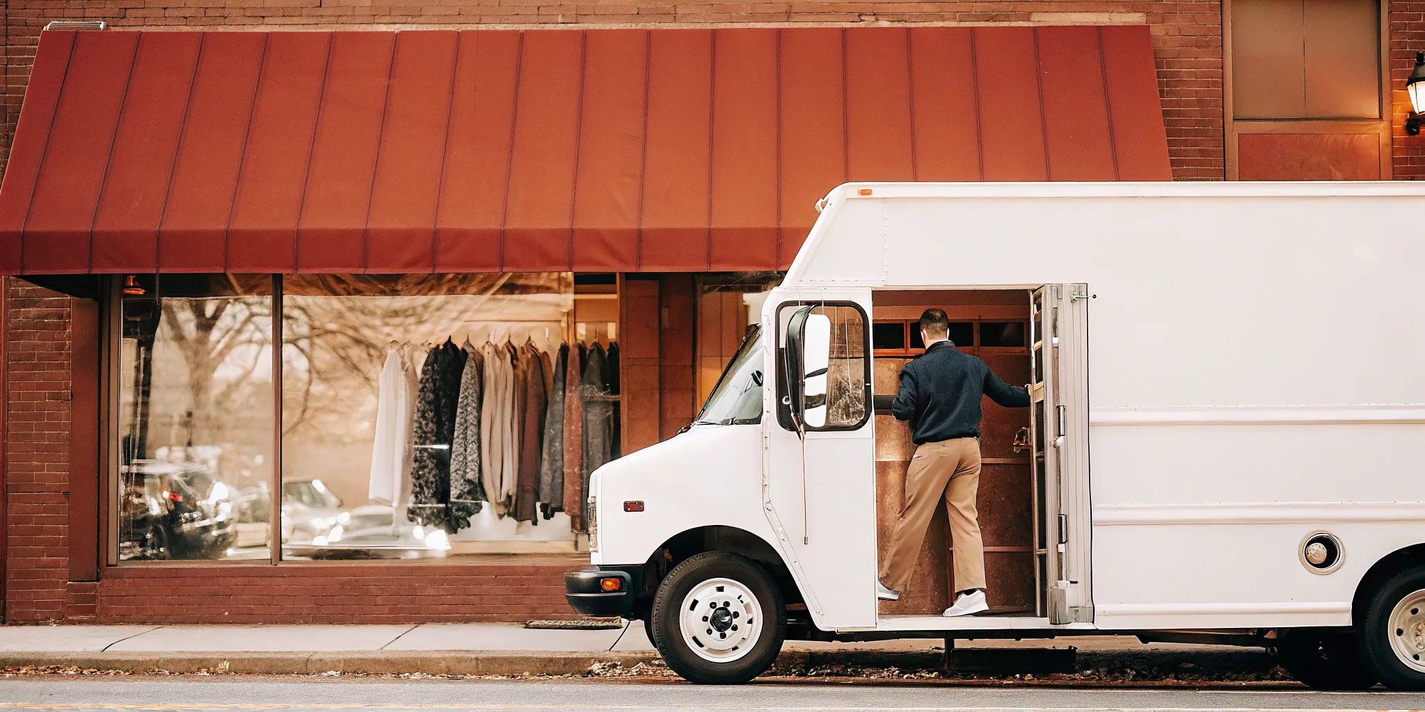 Driver collecting garments for a dry cleaning pickup service in Amityville.