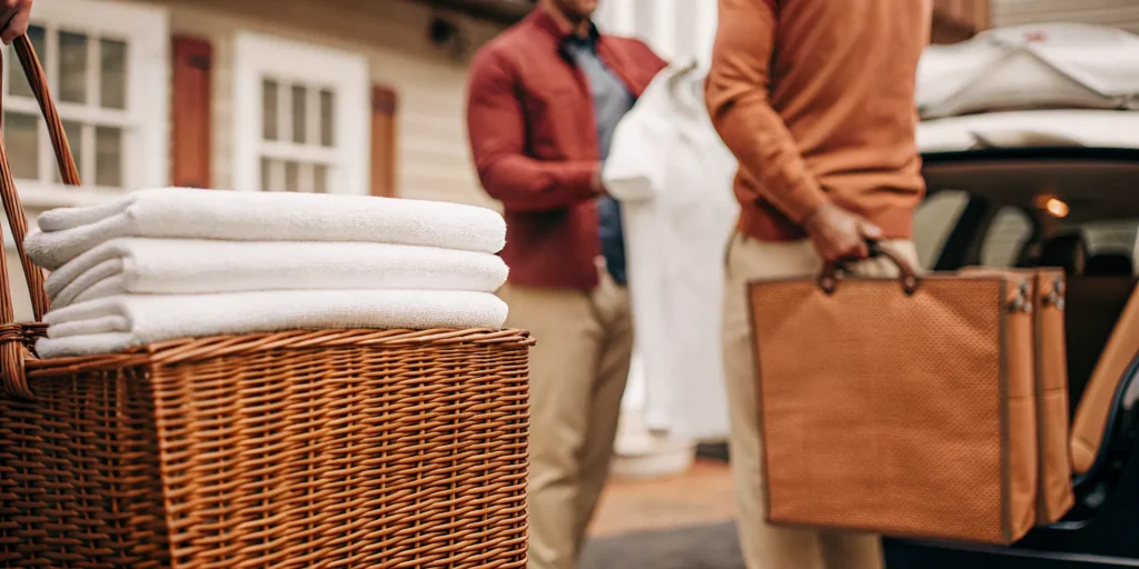 A stack of folded laundry from a laundry pickup service in Cold Spring Harbor.