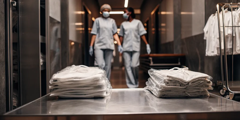 Clean medical laundry and scrubs prepared by a professional service for a Sea Cliff healthcare facility.