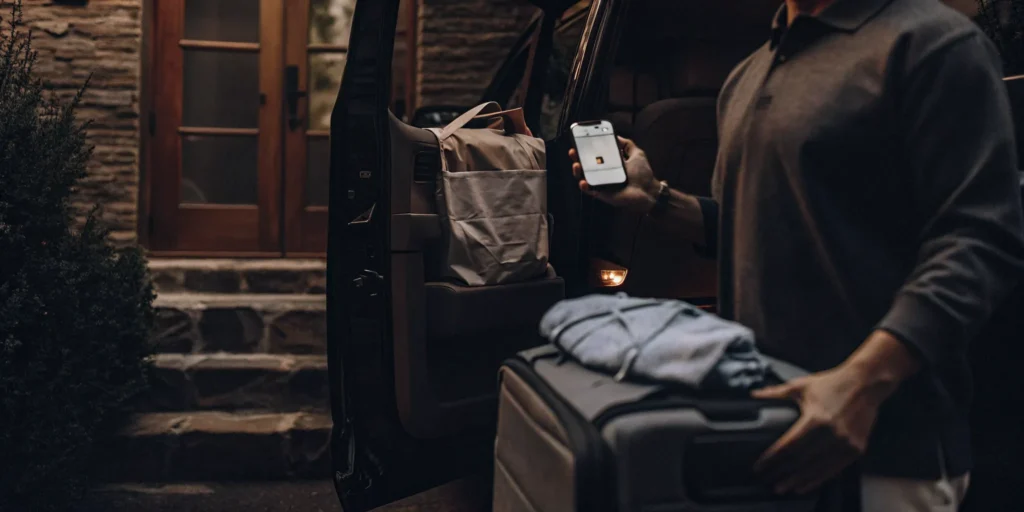 A laundry delivery service professional loads a laundry bag into a car in Cold Spring Hills.