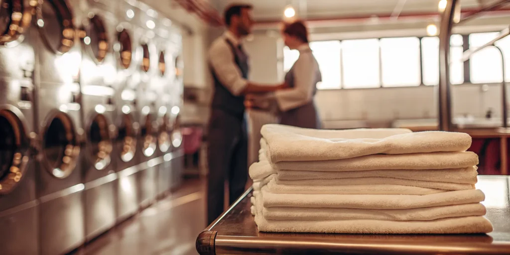 A cart of folded towels from the best commercial laundry service in Albertson.