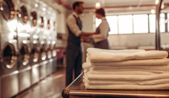 A cart of folded towels from the best commercial laundry service in Albertson.