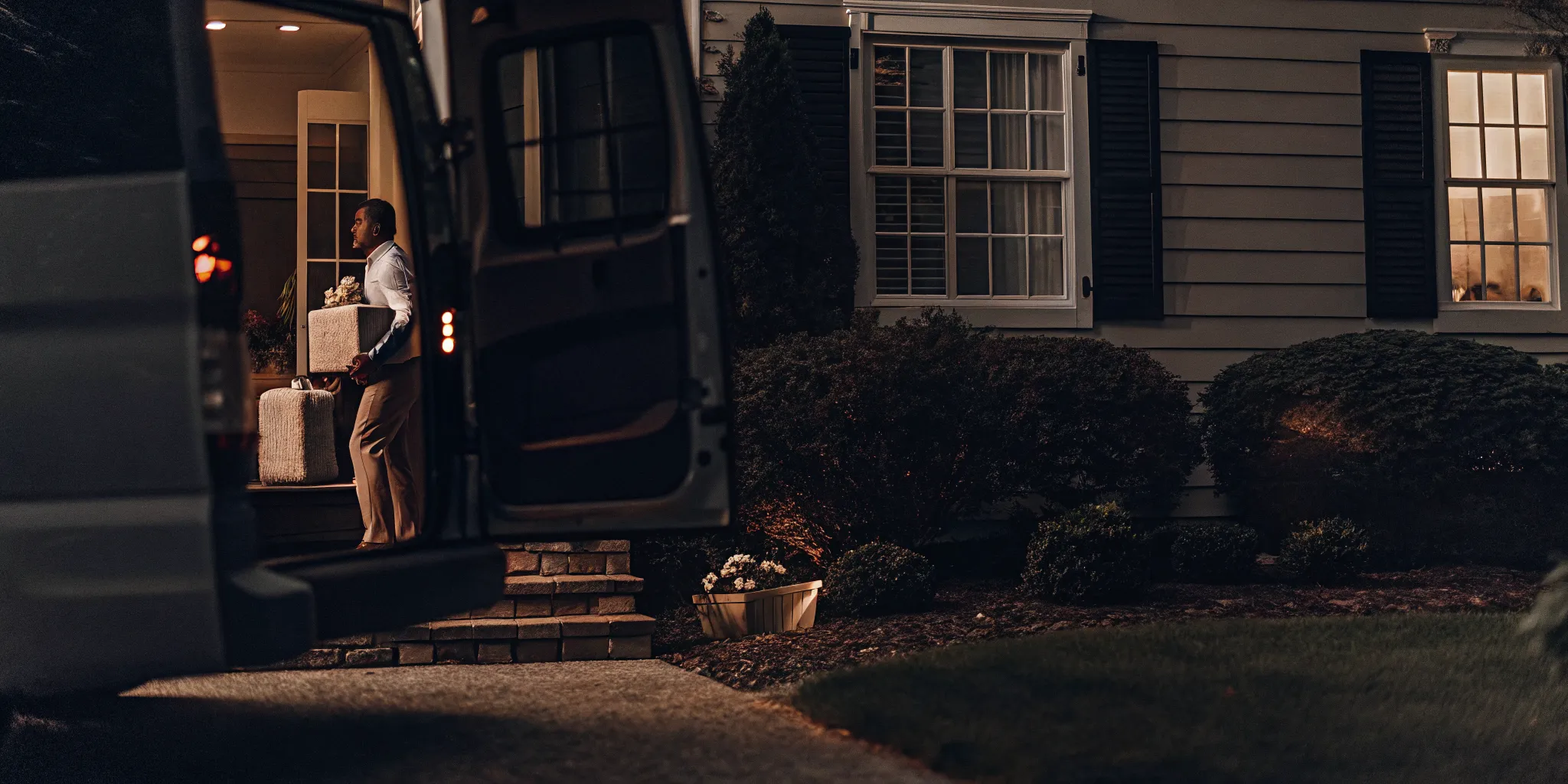 Laundry delivery service driver carrying fresh laundry to a home in Commack.