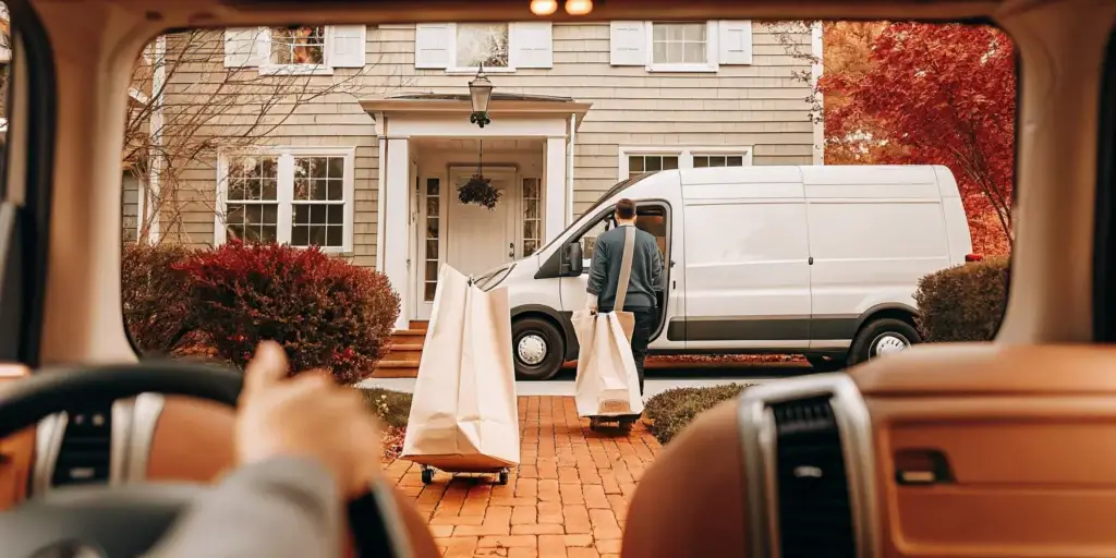 A driver collects bags for a laundry pickup service in Commack.