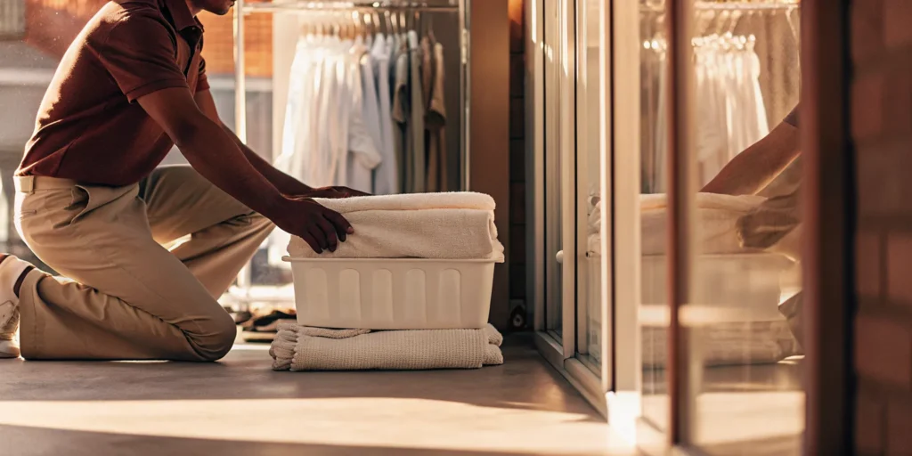 Man with a basket of fresh laundry for a delivery service in Glen Cove.