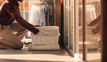 Man with a basket of fresh laundry for a delivery service in Glen Cove.