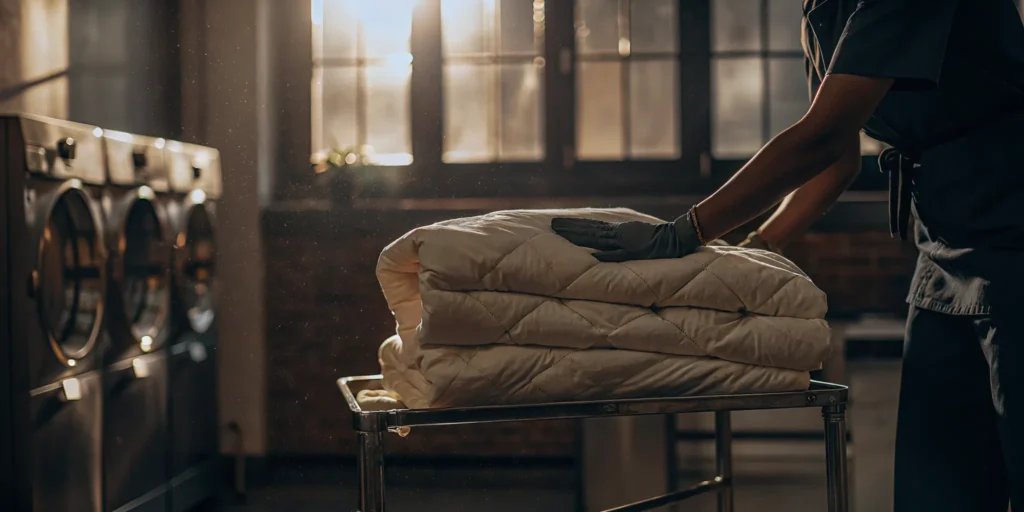 Freshly cleaned and sanitized comforters on a laundry cart from a professional cleaning service in Jericho.