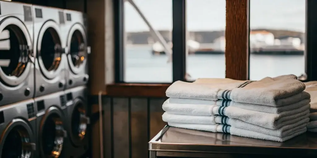 Sanitized medical linens and industrial washers at a laundry service in Cold Spring Harbor.