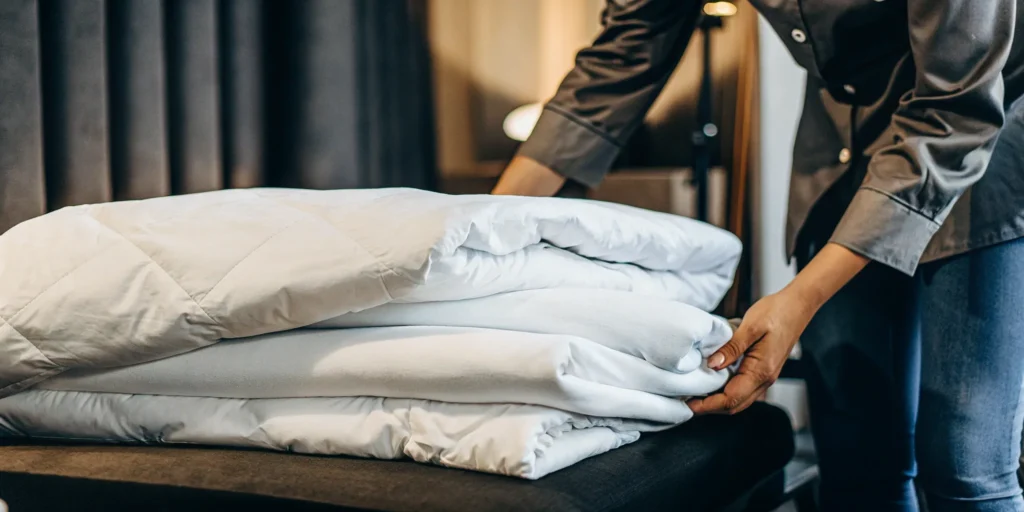 Person folding a professionally cleaned white comforter in Herricks.