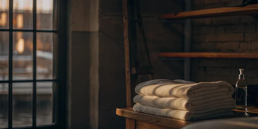 A stack of professionally cleaned comforters at a laundry service in Northport.