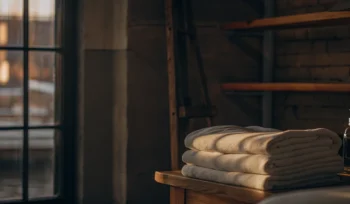 A stack of professionally cleaned comforters at a laundry service in Northport.