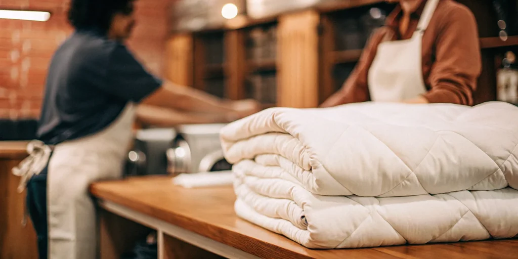 A stack of freshly cleaned comforters at a professional cleaning service in Plainview.