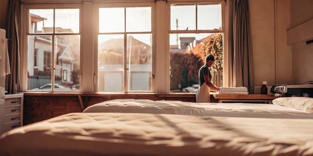 A professionally cleaned comforter on a bed in a sunny Levittown bedroom.