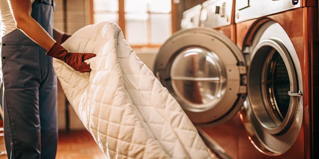 Professional comforter cleaning in Mineola using a commercial-grade washing machine.